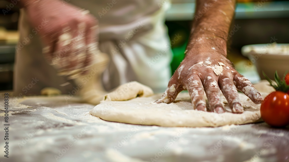A chef s hands expertly crafting a pizza base on a floured surface