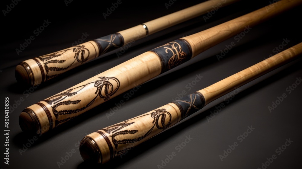 Close-up of three didgeridoos with detailed burnt design patterns against a dark background Close-up of three didgeridoos with detailed burnt design patterns against a dark background