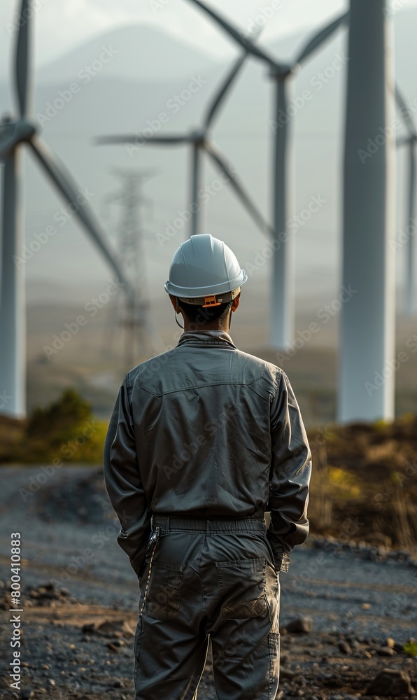 A worker in a hardhat stands observing a wind farm A worker in a hardhat stands observing a wind farm