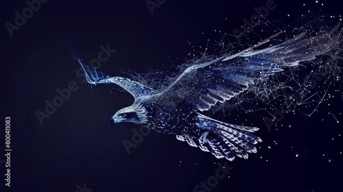 An illustration of an eagle flying formed from lines, triangles, and particle-style design.