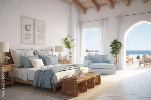 Luxurious Interior of a modern bedroom, views of the Mediterranean sea. © Jaroon