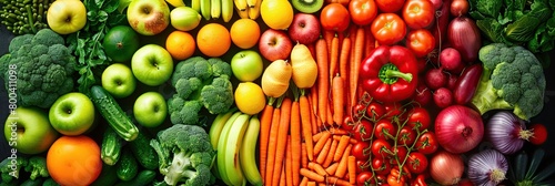 Bright rainbow of fresh fruits and vegetables arranged in a seamless pattern photo