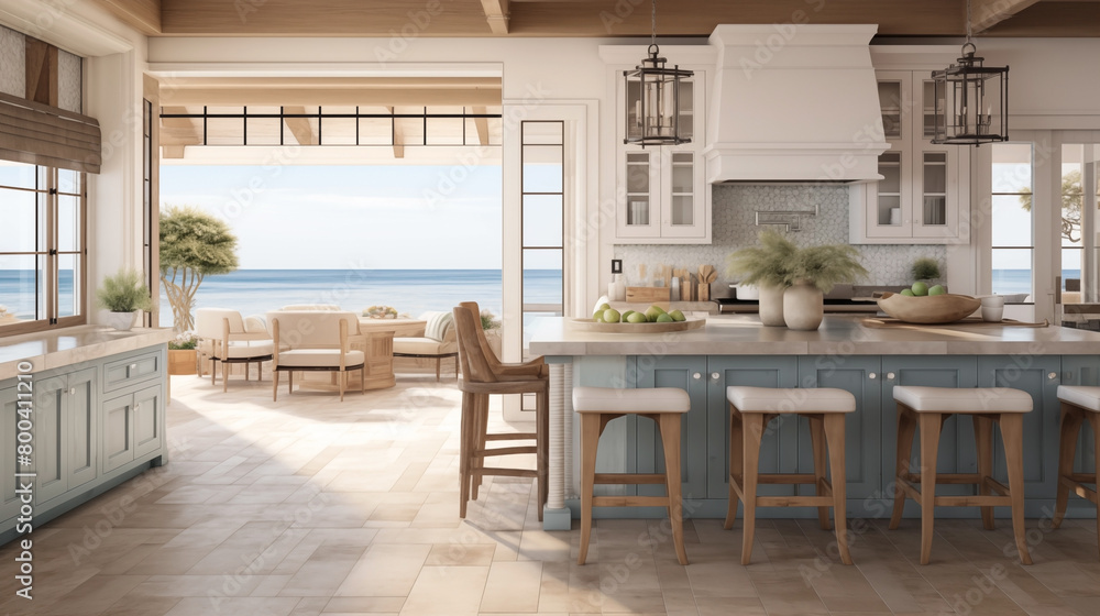 Fototapeta premium Luxurious Interior of a modern kitchen, views of the Mediterranean sea.