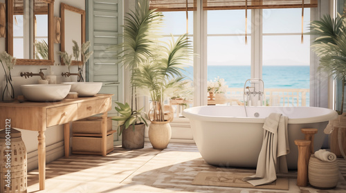 Luxurious Interior of a modern bathroom, views of the Mediterranean sea. © Jaroon