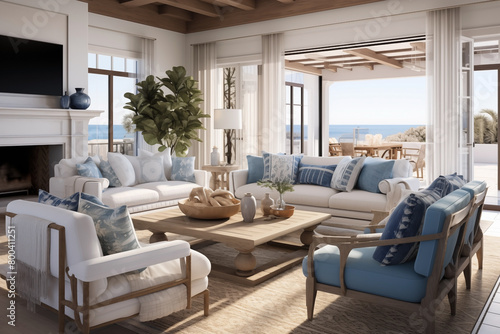 Luxurious Interior of a modern living room, views of the Mediterranean sea.