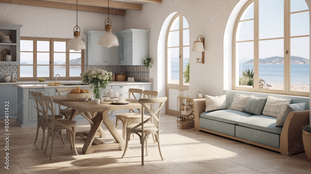 Fototapeta premium Luxurious Interior of a modern kitchen, views of the Mediterranean sea.