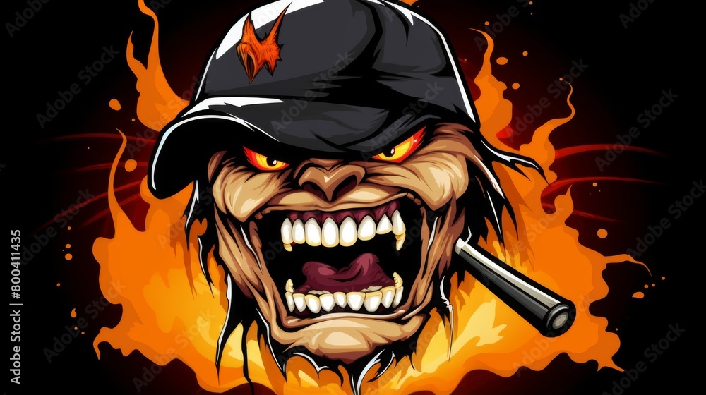 Intense illustration of an enraged ape with a baseball bat engulfed in flames, wearing a cap
