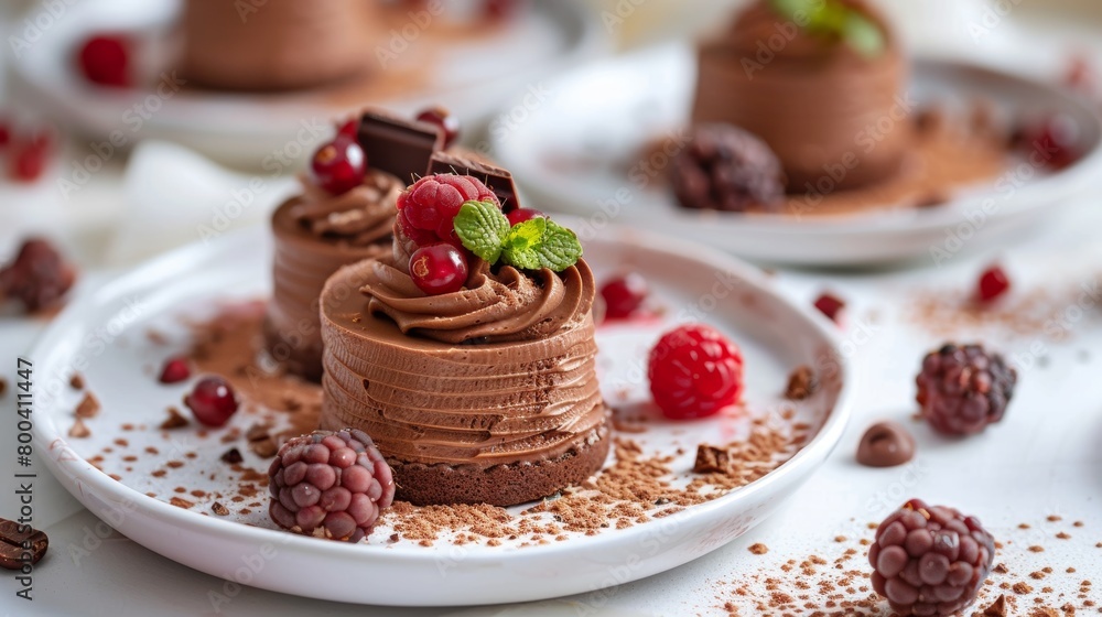 Elegant chocolate mousse with fresh raspberries and mint on a white porcelain plate Elegant chocolate mousse with fresh raspberries and mint on a white porcelain plate