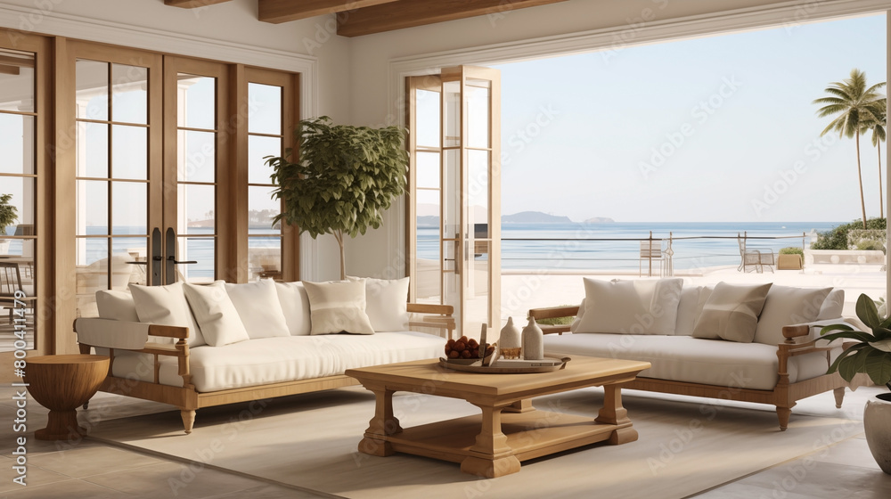 Fototapeta premium Luxurious Interior of a modern living room, views of the Mediterranean sea.