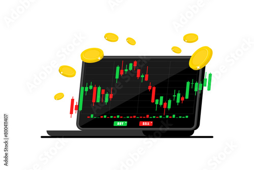 Candlestick chart on screen laptop with gold coin on isolated background, Vector illustration.