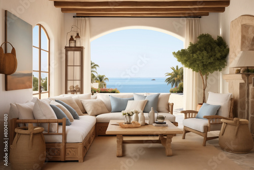 Luxurious Interior of a modern living room, views of the Mediterranean sea. © Jaroon