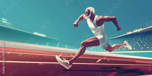 A man running on a track with a blue sky in the background. Illustration of a sprinter running in the stadium.