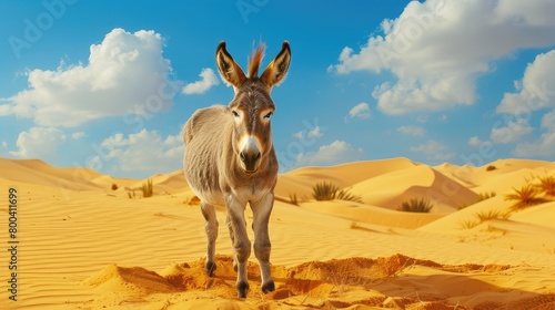 Fawn donkey in grassland  mountains  and sky as background