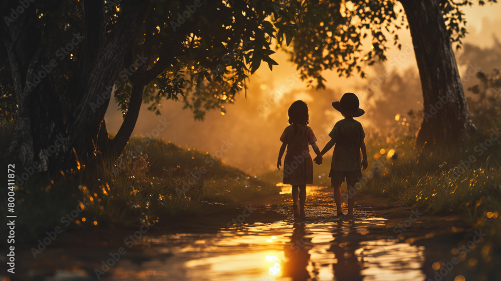 Fototapeta premium Children walking hand in hand in the evening