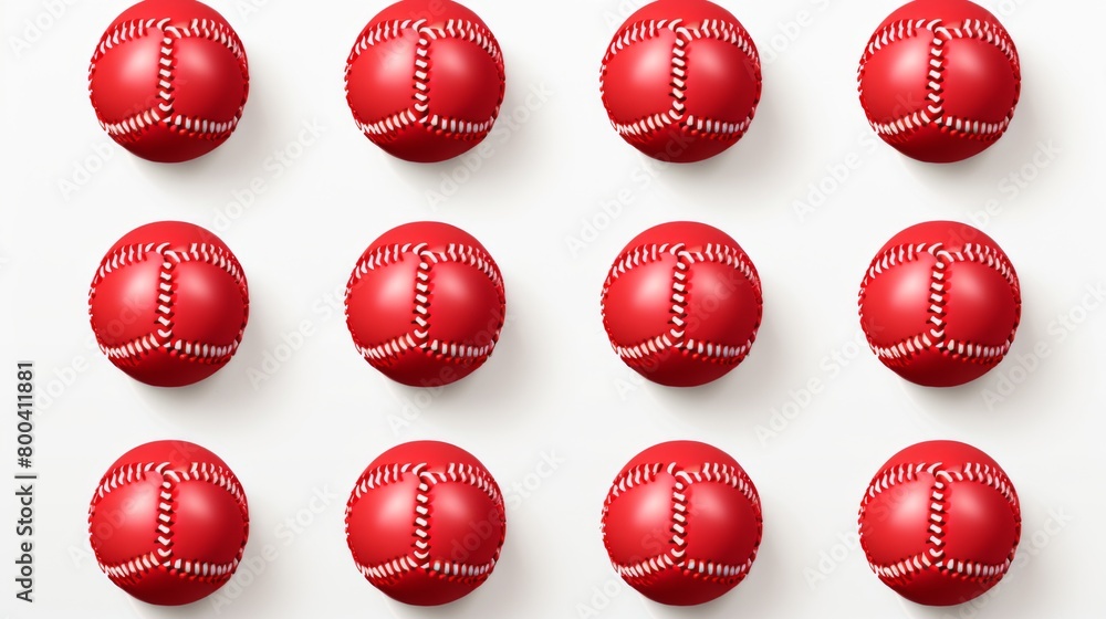 An arrangement of shiny red baseballs on white backdrop, each featuring two cutouts revealing a white layer An arrangement of shiny red baseballs on white backdrop, each featuring two cutouts revealing a white layer
