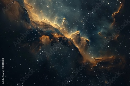 A cosmic scene with golden nebulae swirling against a dark, starry sky photo