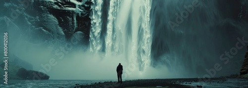  a man standing at the bottom looking up to the waterfall, water mist rising from the top, photo