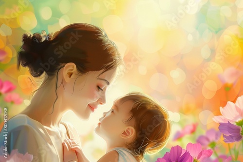 Illustration of mother with her little child, flower in the background. Concept of mothers day, mothers love, relationships between mother and child photo