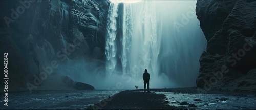  a man standing at the bottom looking up to the waterfall, water mist rising from the top, photo