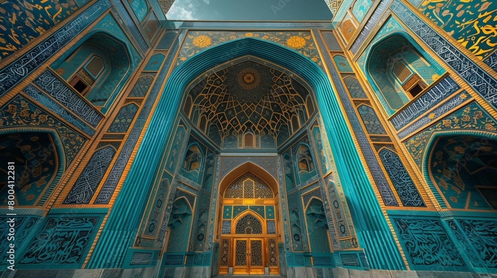 Elegance in Architecture: Golden Hour Mosque with Islamic Calligraphy, generative ai
