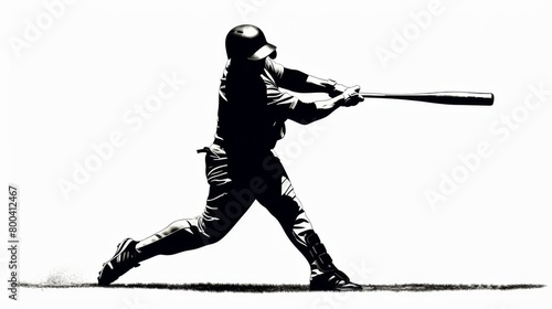 Stylized silhouette of a powerful baseball player in mid-swing against a stark white background
