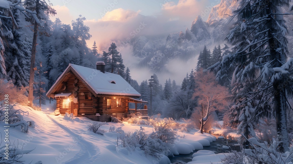 Winter Wonderland: Rustic Cabin Among Tall Pines, generative ai