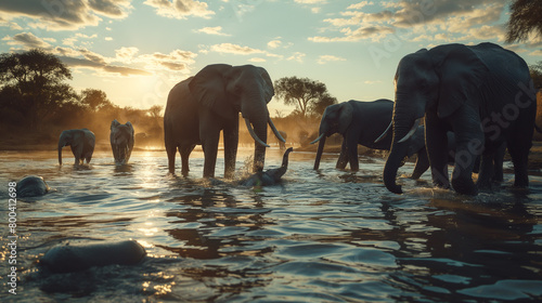 Sunset Serenity: Elephants at Watering Hole. Generative AI photo