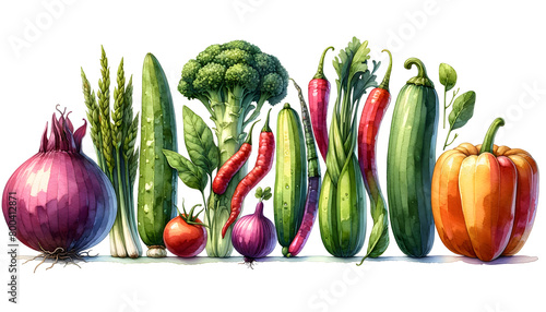Watercolor set of various vegetables Lots of things on a white background. photo