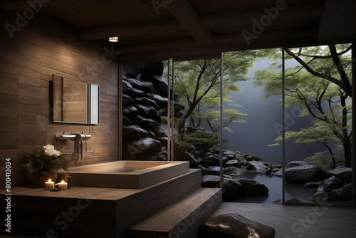 Japanese Zen-style bathroom interior design.