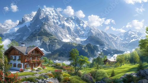 Scenic Chalet in Snowy Mountains, generative ai