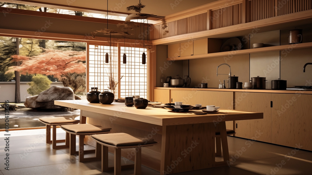 Japanese Zen-style kitchen interior design.