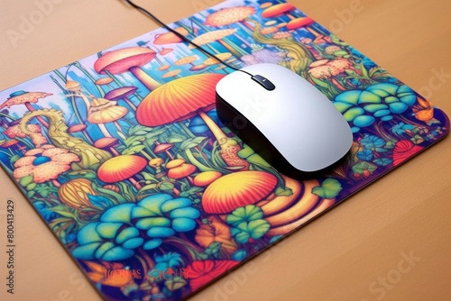 Silver Computer mouse on colorful mouse mat on the table. 