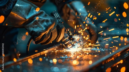 Close-up: Welder's hands, detailed with glowing sparks from welding torch