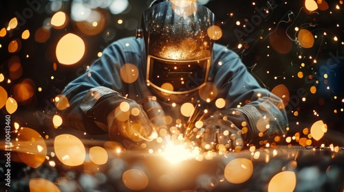 Craftsman in focus, welding metal with sparks flying, intense work scene