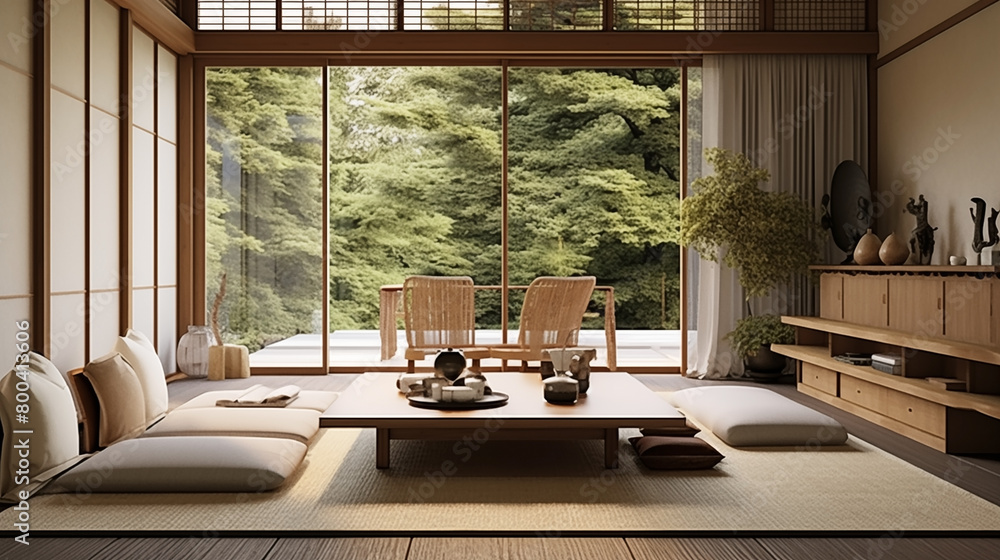 Japanese Zen-style living room interior design.