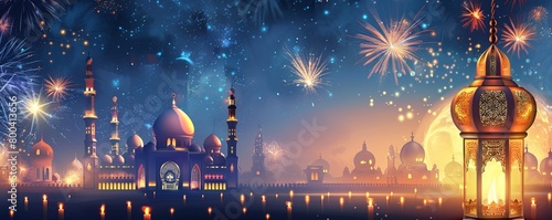 ramadan kareem eid mubarak royal elegant lamp with mosque holy gate with fireworks.