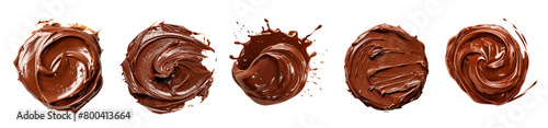 Five different chocolate swirls against a dark background