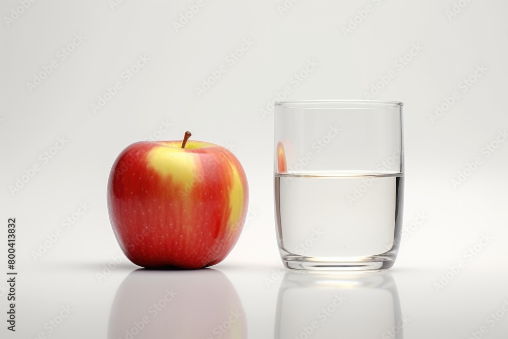 A glass of water and a red apple on a white background. A glass of water and a red apple on a white background.