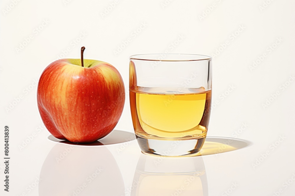 Glass of apple juice and an apple on a white background with reflection Glass of apple juice and an apple on a white background with reflection