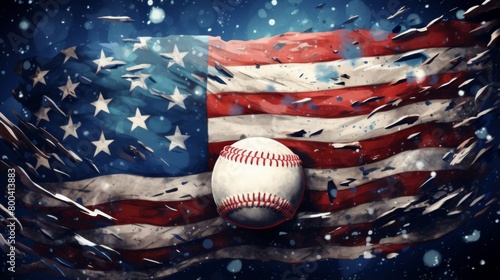 An illustrated baseball in front of a weathered American flag with snowflakes suggesting winter sports patriotism