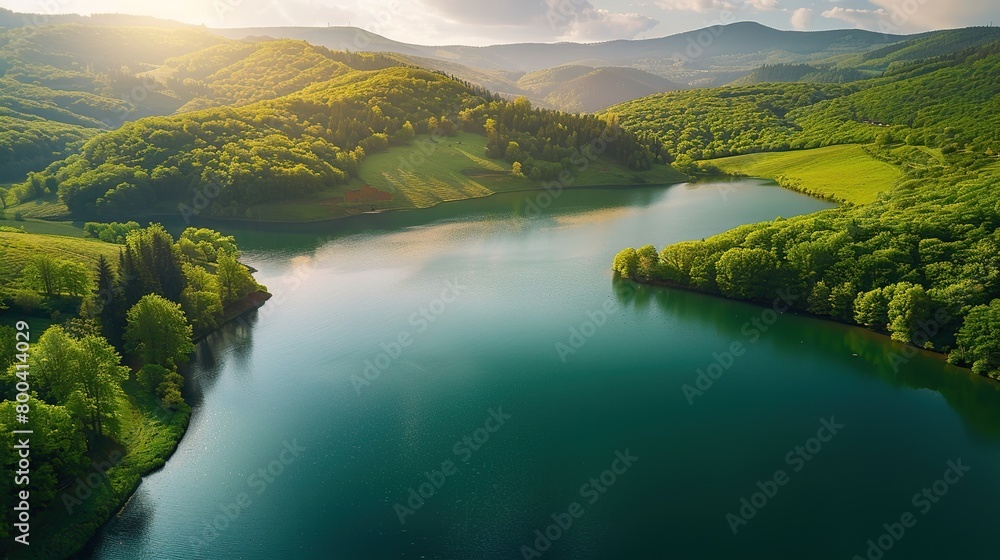 Aerial view of lake and green forest in mountains