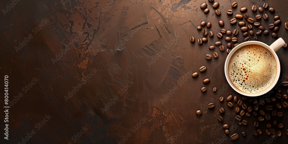 Cup of latte coffee with chocolate pieces and coffee beans on a brown background. Horizontal banner with a cup of coffee and free space for text. Raster bitmap digital illustration. AI artwork.
Cup of latte coffee with chocolate pieces and coffee beans on a brown background. Horizontal banner with a cup of coffee and free space for text. Raster bitmap digital illustration. AI artwork.