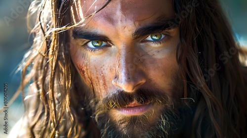 Intense gaze of a bearded man with striking blue eyes. Close-up portrait in natural light. Emotive and powerful expression framed by tousled hair. Ideal for character studies. AI