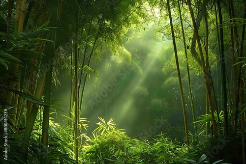 A dense bamboo forest with light filtering through the leaves  creating a tranquil atmosphere