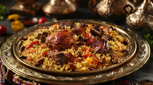 Aromatic biryani with tender meat and colorful veggies on a traditional platter