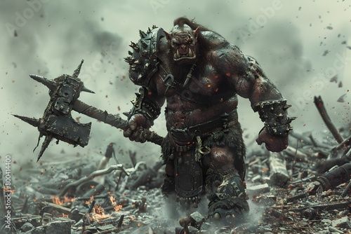 Ruthless Orc Warlord Wielding Spiked War Decimated Battlefield in Gritty Fantasy Scene