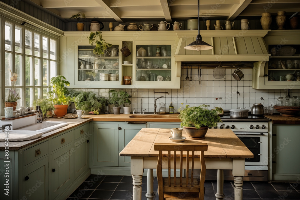 Farmhouse rustic interior design of modern kitchen.