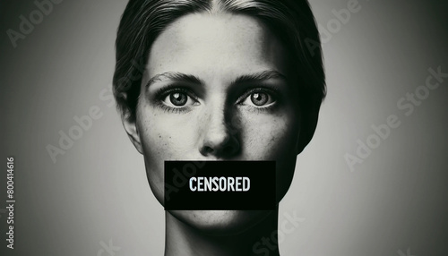  A woman's face, with her mouth covered by a black box labeled 'CENSORED' wallpaper background