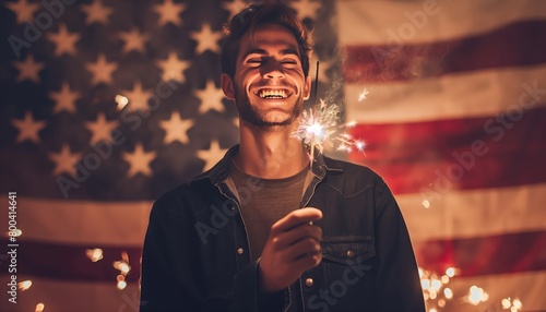 A young man with a bright smile holding a sparkler against the American flag, symbolizing celebration and joy.
 photo
