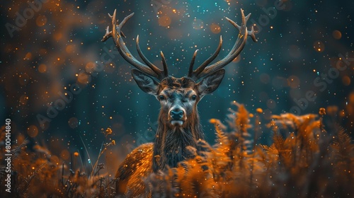 Majestic Buck with Forest Antlers under Starry Night Sky, generative ai